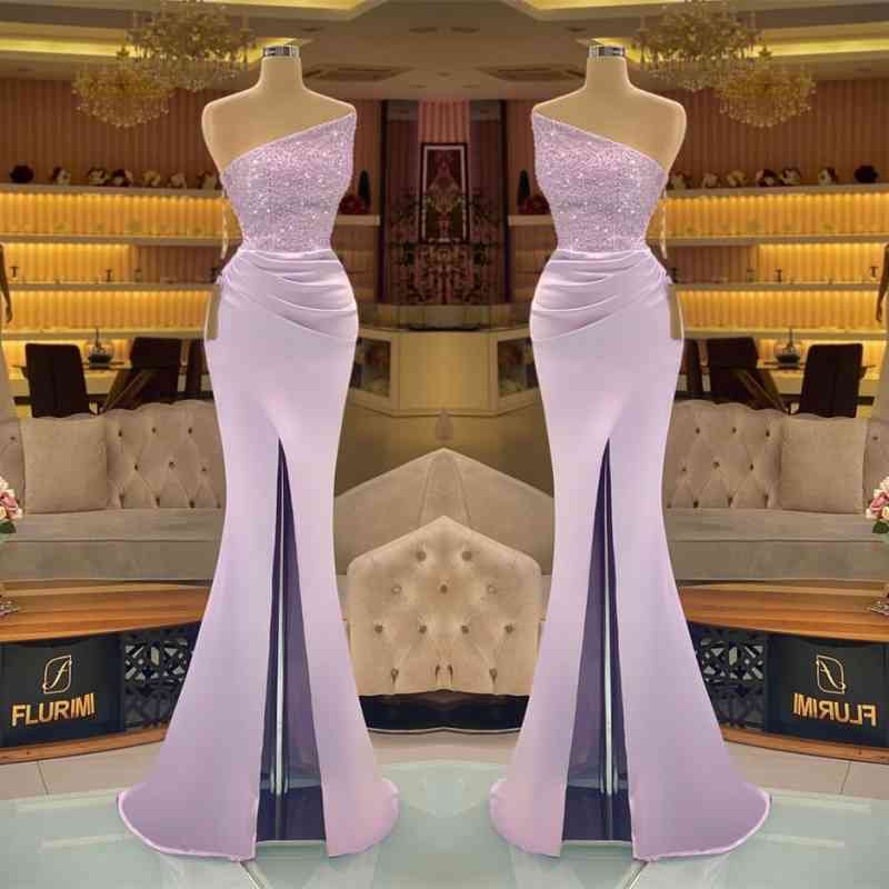 Chic Light Mermaid Purple Sleeveless Strapless Prom Dress Long Slit With Sequins | Ballbellas Ballbellas