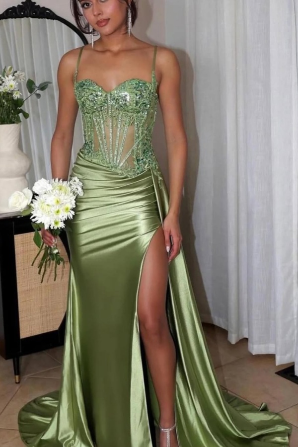 Dazzling Green Spaghetti Straps Prom Dress Sweetheart Mermaid with Applique YC0026