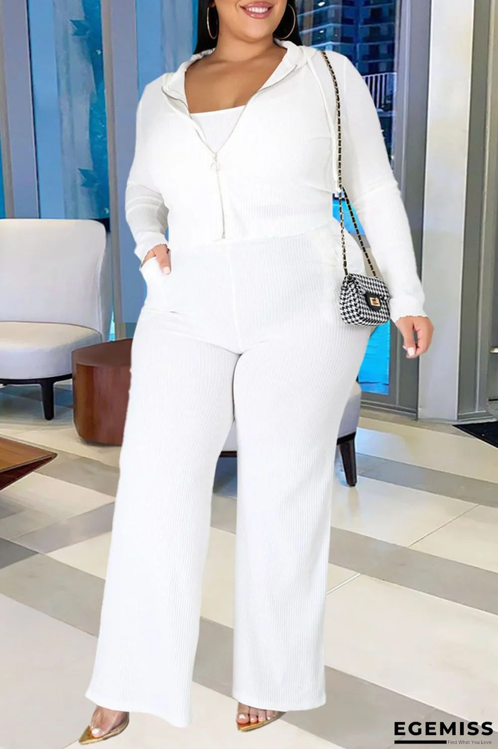 White Fashion Sportswear Solid Patchwork Hooded Collar Plus Size Three Pieces | EGEMISS