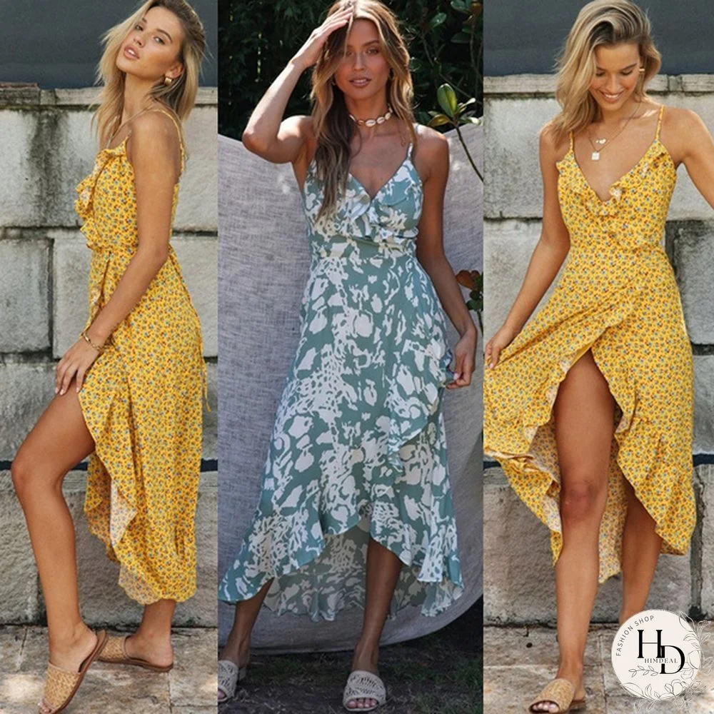 Summer Fashion V Neck Sleeveless Ruffle Split Floral BOHO Beach Dress Women Bohe Dress Strapless Sundress Vestidos