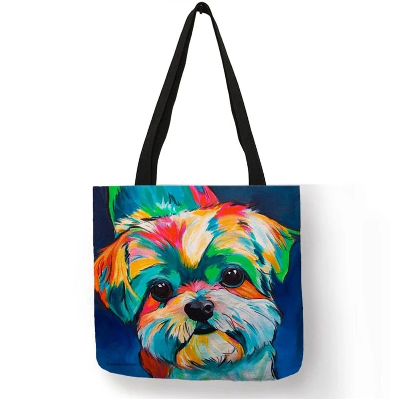 Exclusive Oil Painting Dog Print Shopping Bags for Groceries Papillon Pug  Retriever Print Women Handbag Shoulder Large Capacity