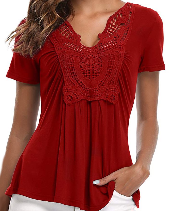 Deep V Neck Pleated Front Short Sleeve Ruffle Top Short Sleeves