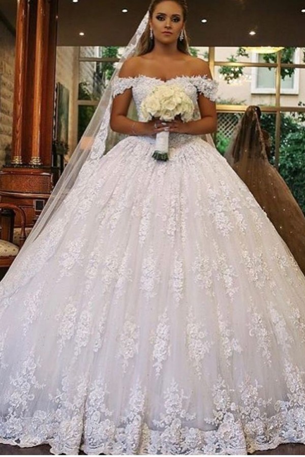 Off-the-shoulder Ball Gown Lace Wedding Dress Long On Sale - lulusllly