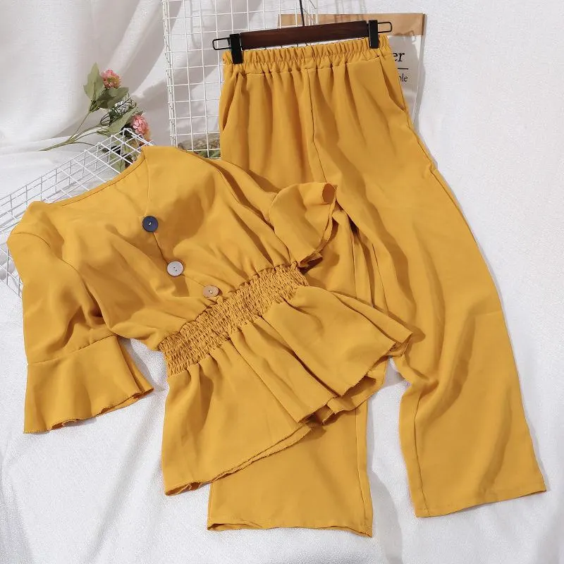 V Neck Elastic Waist Ruffles Hem Blouse And High Waist Slim Wide Leg Pants Women Sets