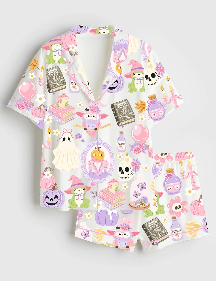 Women&rsquo;s Witchy Halloween Spooky Halloween Aesthetics Witchy Coquette Pastel Halloween Witch Print Short Sleeve Satin Pajama Set