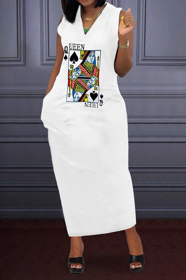 Plus Size Black Casual V Neck Poker Print Sleeveless Maxi Dress 