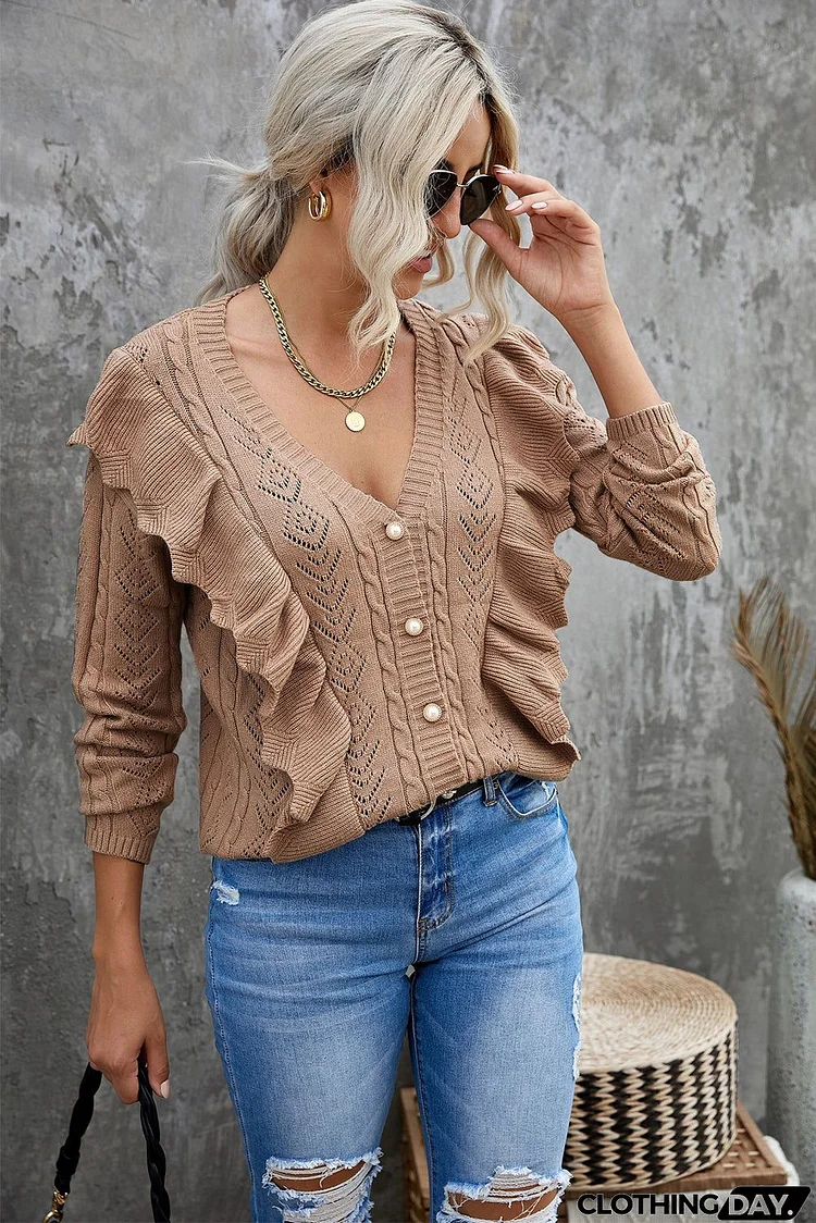 Khaki Ruffled Buttoned Open Front V Neck Knitted Sweater