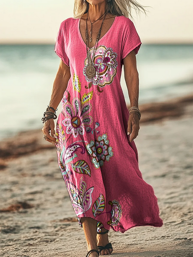 Womens Retro Floral Pattern Floral Pattern Print Pocket Cotton Dress