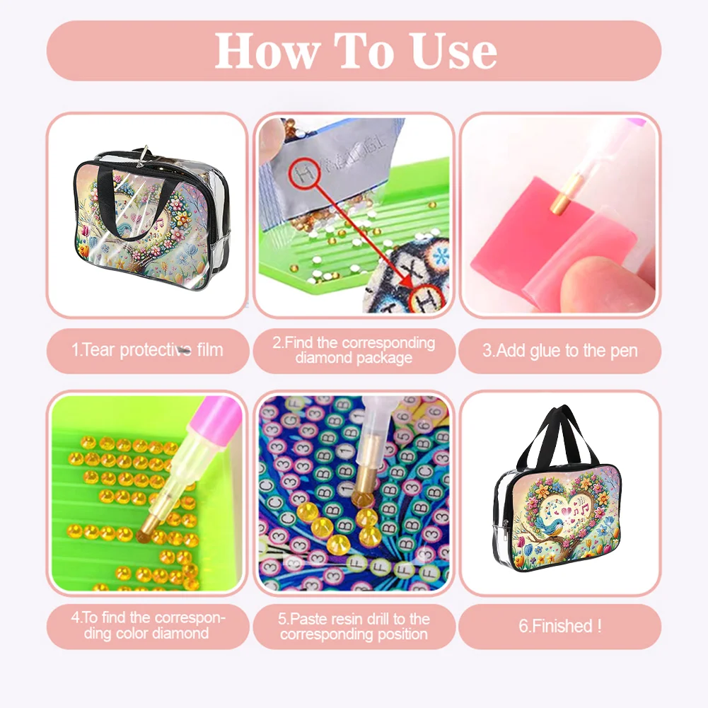 DIY Flowers Diamond Art Rhinestone Makeup Bag Transparent PVC Storage Pack Gift