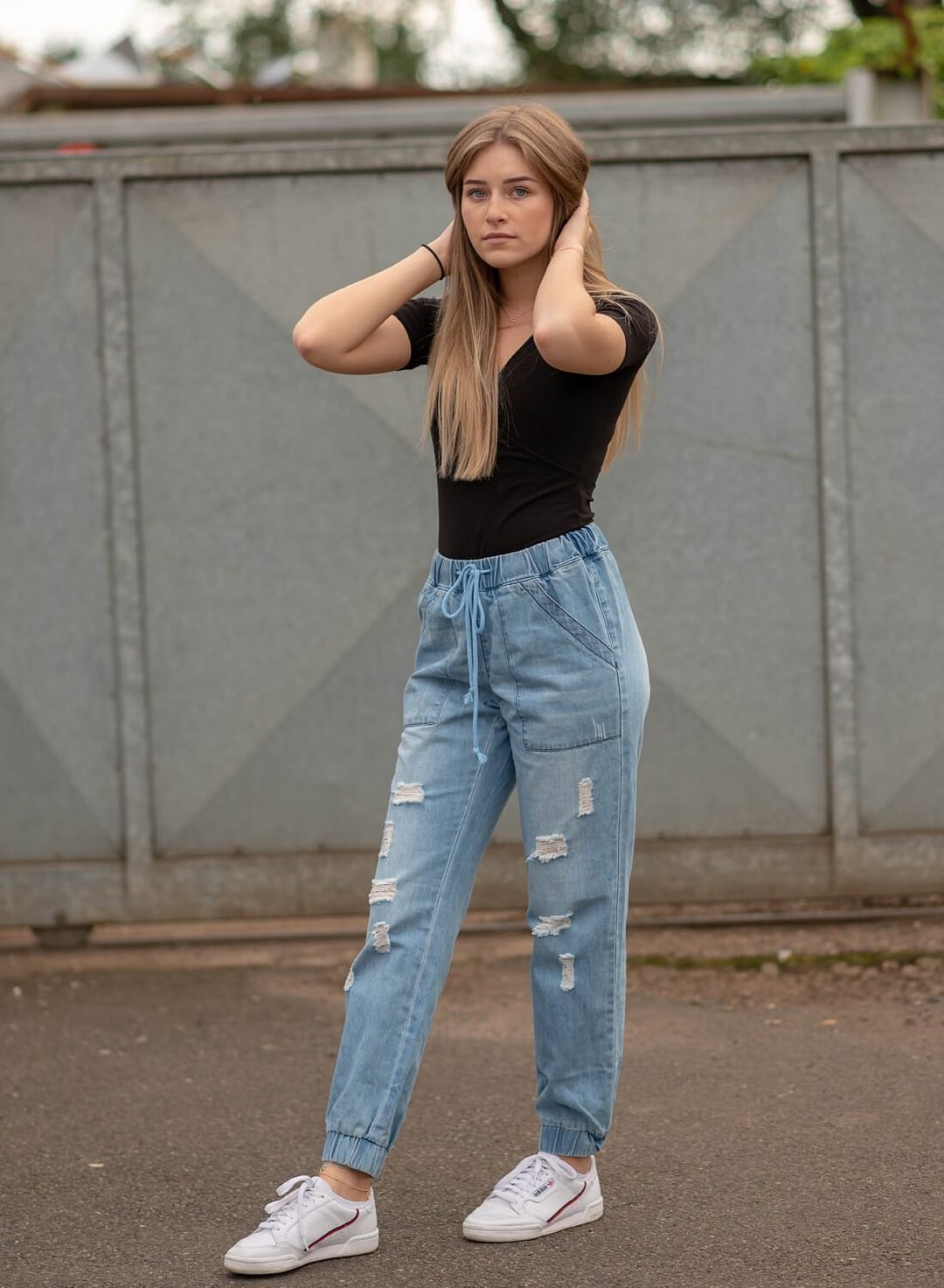 distressed pocketed denim joggers