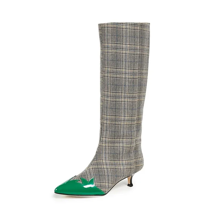 Grey Plaid Fabric Kitten Heel Boots Green Pointy Toe Mid Calf Boots |FSJ Shoes