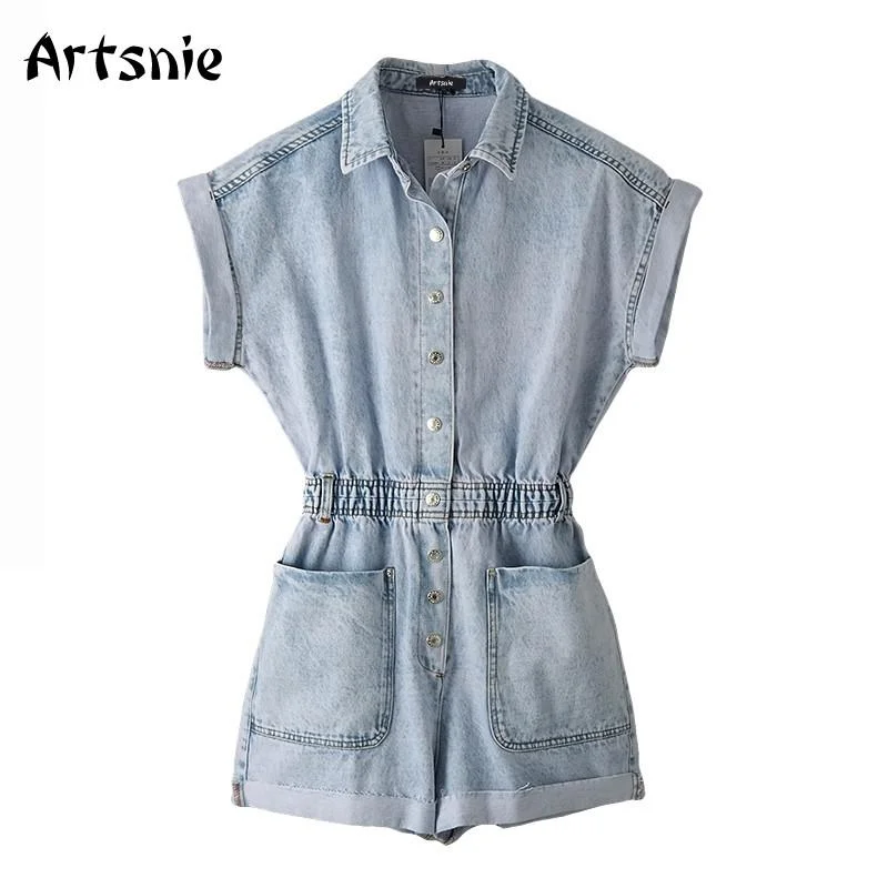 Artsnie High Waist Denim Playsuits Women Summer Turn Down Collar Short Sleeve Rompers Streetwear Blue Casual Ladies Playsuits