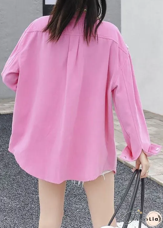 Organic Pink Peter Pan Collar Nail Bead Zircon Patchwork Denim Blouses Long Sleeve