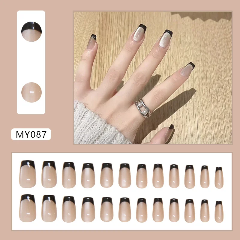 Churchf Churchf Eye Wearing A Pure Color Black French Detachable Nail Nail Simple Fine Flash Nail Patch 24 Pieces