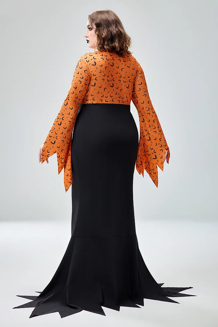 Xpluswear Design Plus Size Halloween Costume Orange Bat Print Evil Queen Knitted Maxi Dress（Ships 24h）