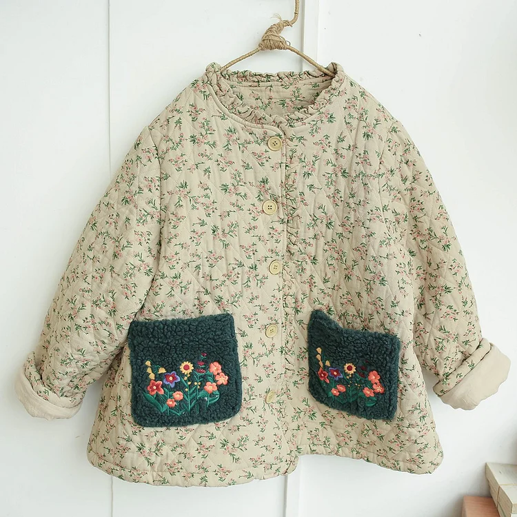 Queenfunky cottagecore style Vintage Floral Quilted Jacket With Cute Pockets QueenFunky