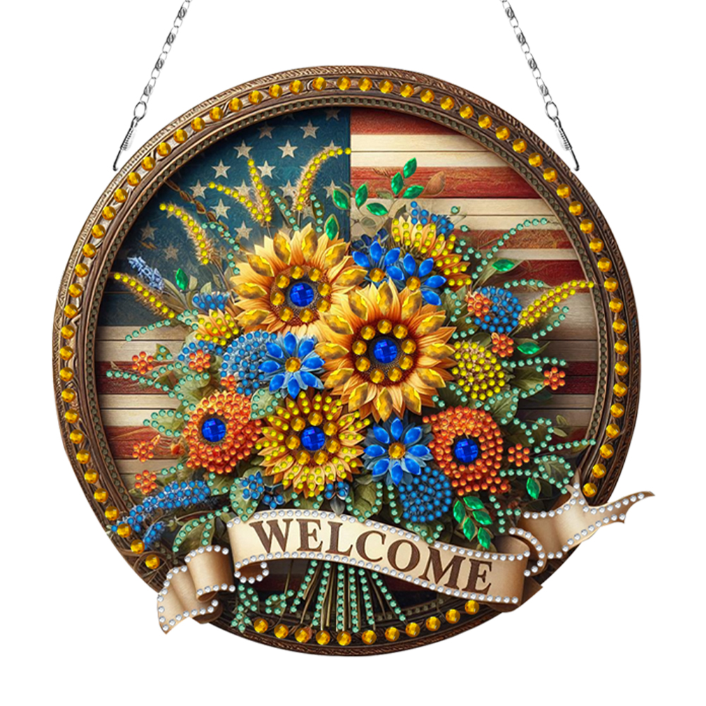 Welcome Sunflower 5D DIY Diamond Painting Dots Pendant Door Sign for Wall Window