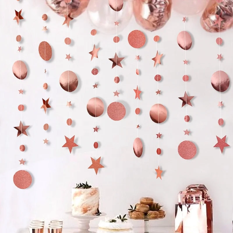 4M Paper Star Round Garland Rose Gold Hanging Banner Flag DIY Adult Kids Birthday Party Decoration Supplies Wedding Baby Shower