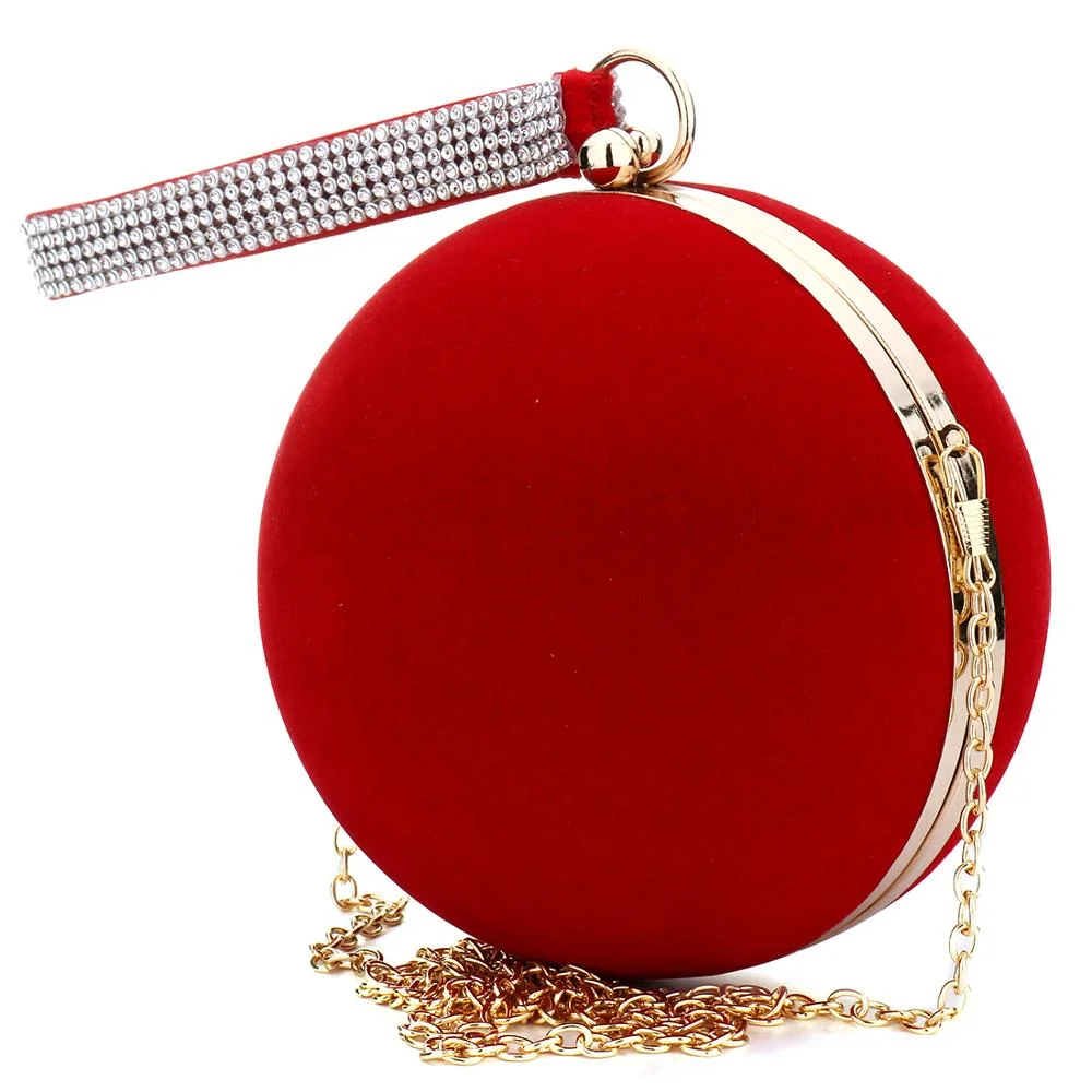 Mongw YYW Unique Velvet Iron-On Lady Handbag Red Shoulder Clutch Bag Spherical Evening Bags Small Purse Chain Shoulder Bolsos Mujer