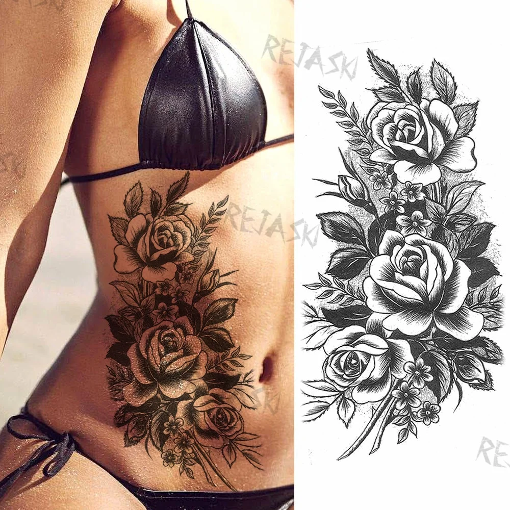 Sdrawing Rose Jewelry Water Transfer Tattoo Stickers Women Body Chest Art Temporary Tattoo Girl Waist Bracelet Flash Tatoos Flower