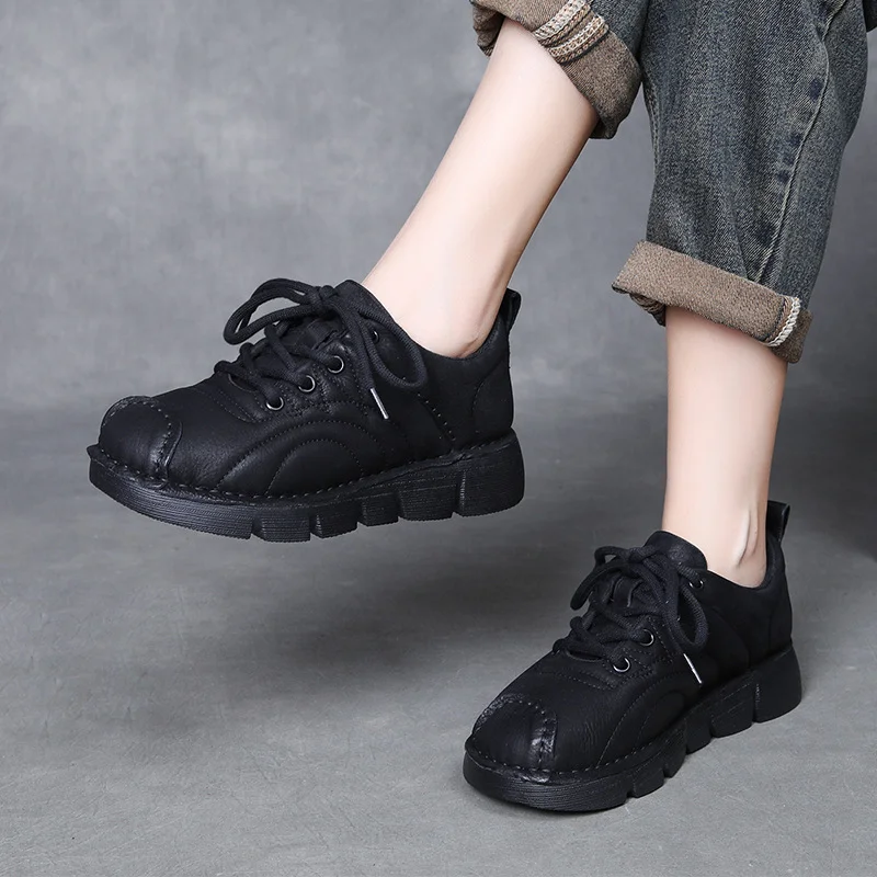 Yyvonne Layer Of Cow Skin Retro Style Single Shoes Women 2025 Autumn New Beef Soft-Soled Mother Shoes Round Head Lace Women's Shoes