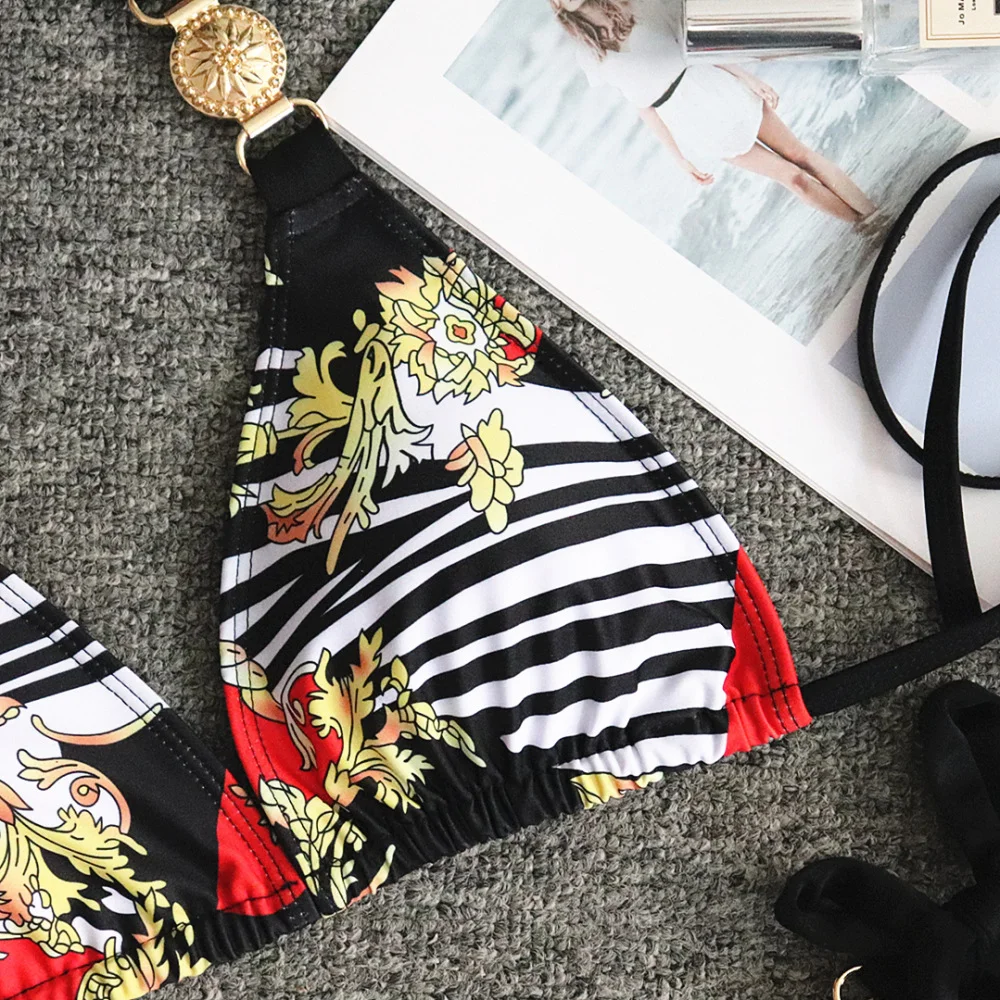 Uveng Uveng New Print Straps Women's Split Swimsuit Sexy Metal Accessories Bikini Swimsuit