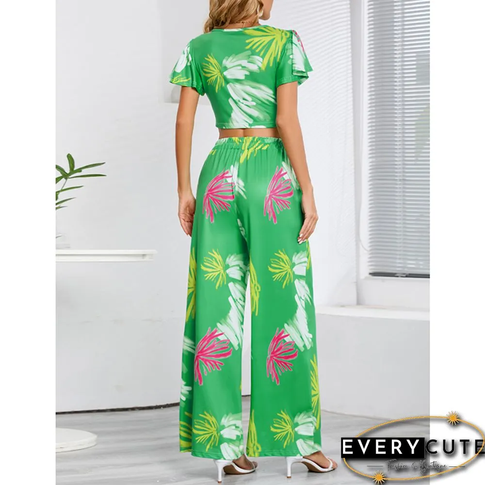 Green Printed V Neck Crop and Wide Leg Pant Set