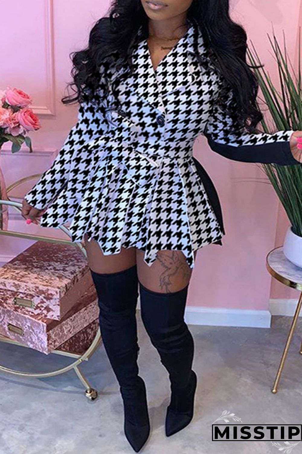 Black And White Casual Print Patchwork Turn-back Collar Long Sleeve Plus Size Dresses