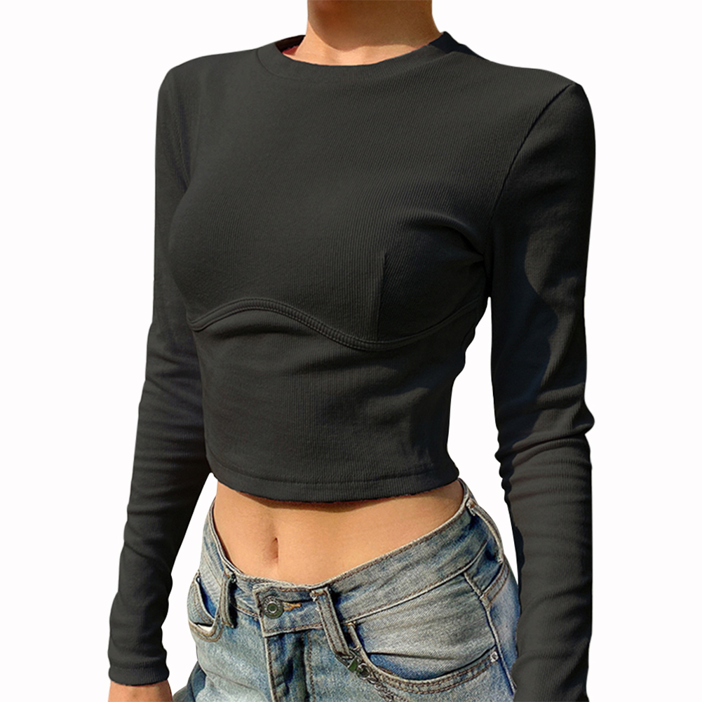 

Women O Neck Pure Color Pullovers Sexy Long Sleeve Slim Crop Tops -Black, 501 Original