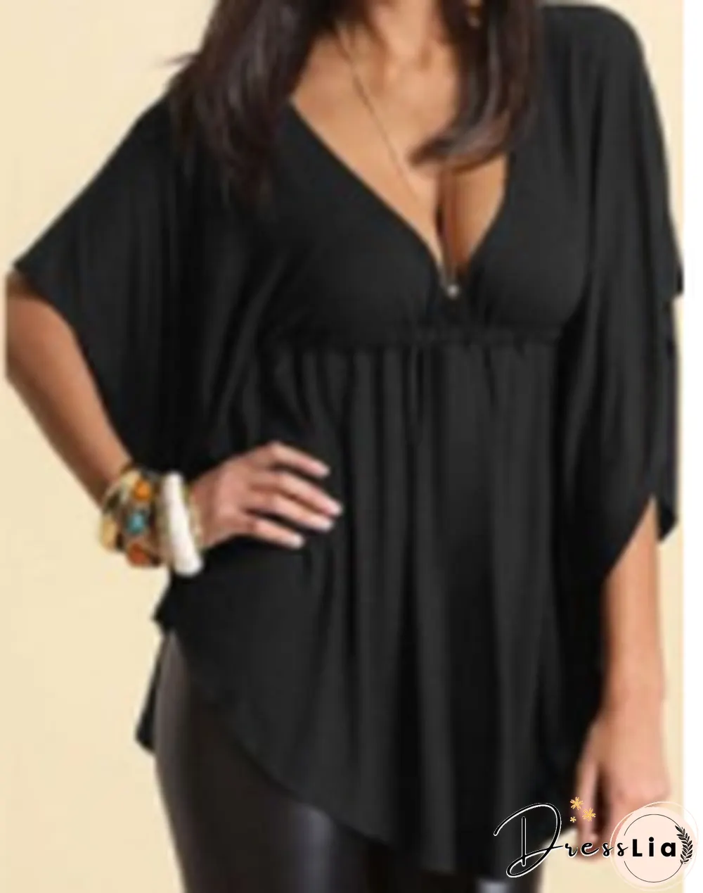 Plus Size Sexy Femmes V Neck Summer vrac Blouse manches Batwing Shirt Tops Casual