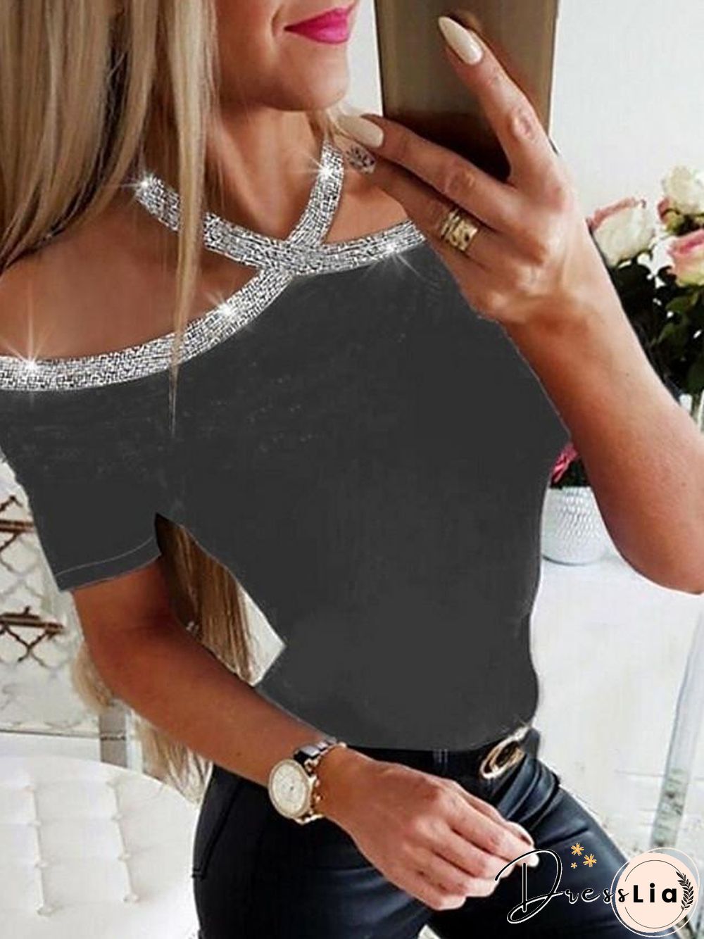 Women's T shirt Solid Colored Round Neck Tops Basic Top Black Wine Royal Blue-830