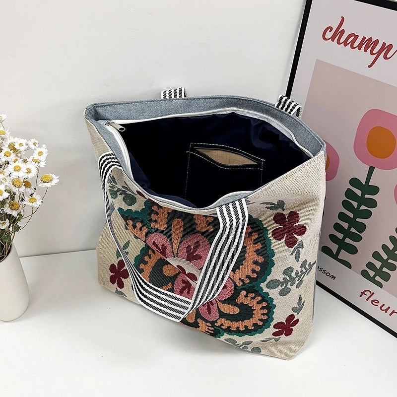 Women’s Medium Canvas Geometric Vacation Ethnic Style Zipper Canvas Bag