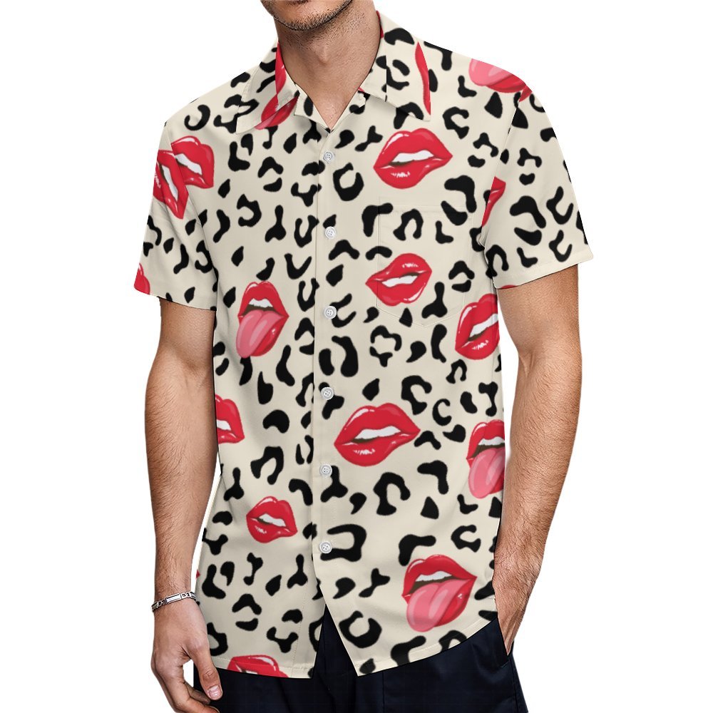 Lips Kiss Leopard Shirt Custom Hawaiian Shirt for Men Red Lips Personalized Short Sleeve Button Down Tropical Beach Party Blouse