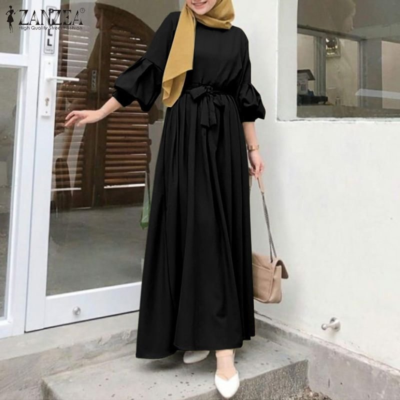 ZANZEA Muslim Clothing Women's Maxi Sundress 2022 Spring Long Sleeve Kaftan Belted Vestidos Casual Solid Loose Abaya Long Robe