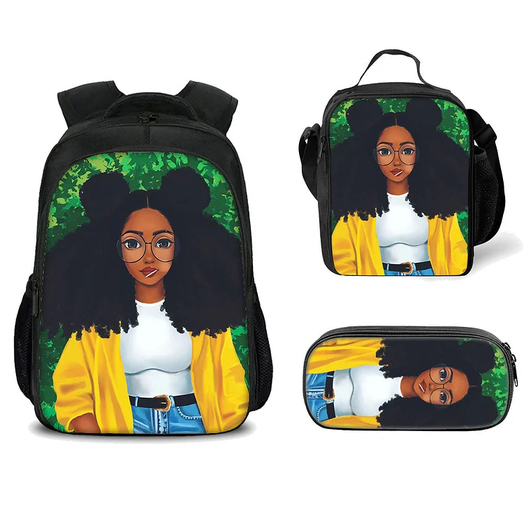 MayouLove Afro Hair Backpacks with Lunch Bag Pencil Bag Black Girl Print Backpacks-Mayoulove