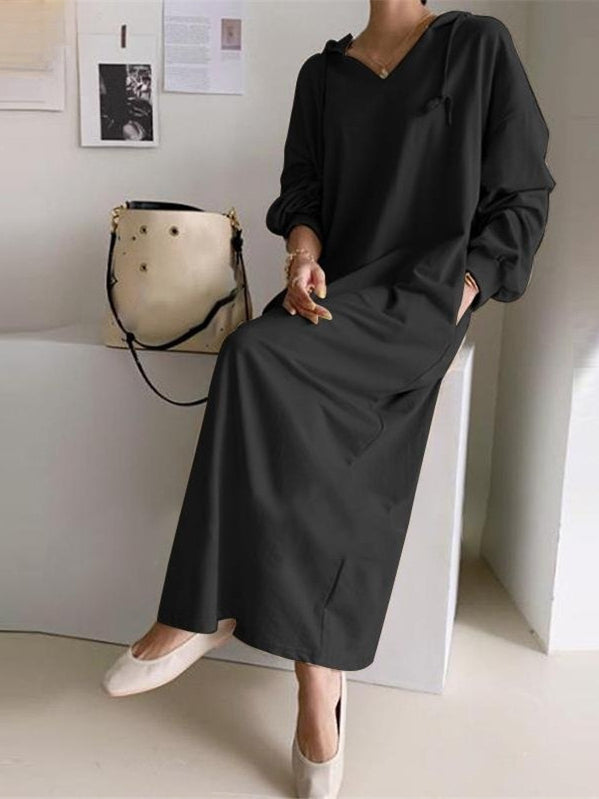 Women's Long Sleeve Hooded Solid Color Maxi Dress