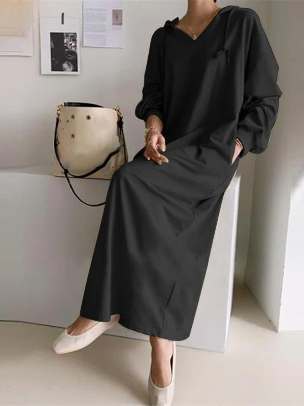 Women's Long Sleeve Hooded Solid Color Maxi Dress