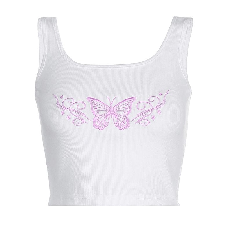 HEYounGIRL Embroidery Butterfly Women Tank Tops Tees Summer Sleevless Casual Crop Top Ladies White Fashion Mini Vest Streetwear