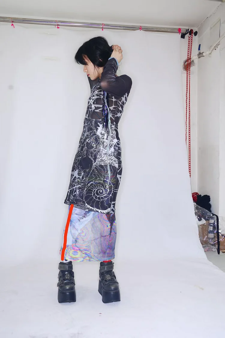 SICKGIRL Printed Mesh Dress - 15 Recycled Water Bottles - Black