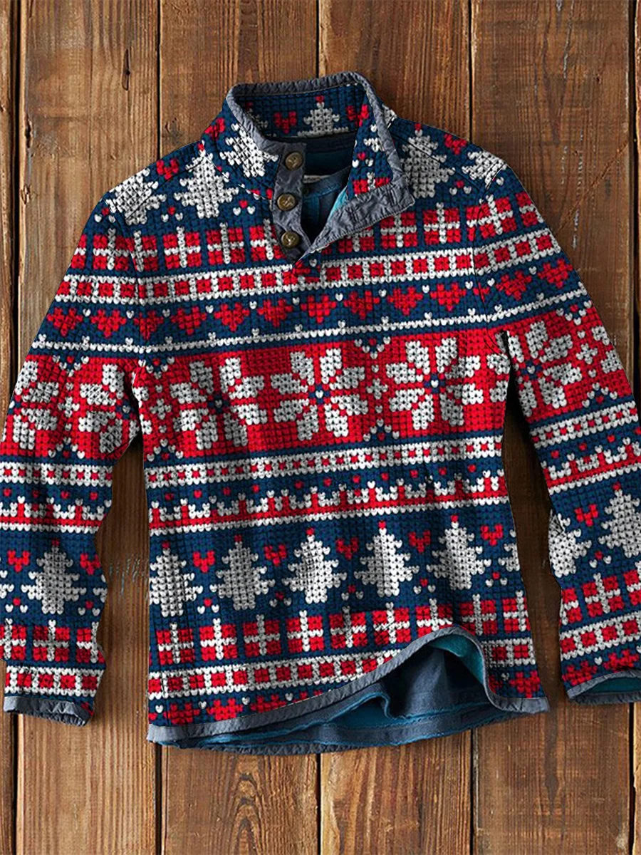 Men's Vintage Christmas Decorations Pattern Waffle Art Print Casual Top