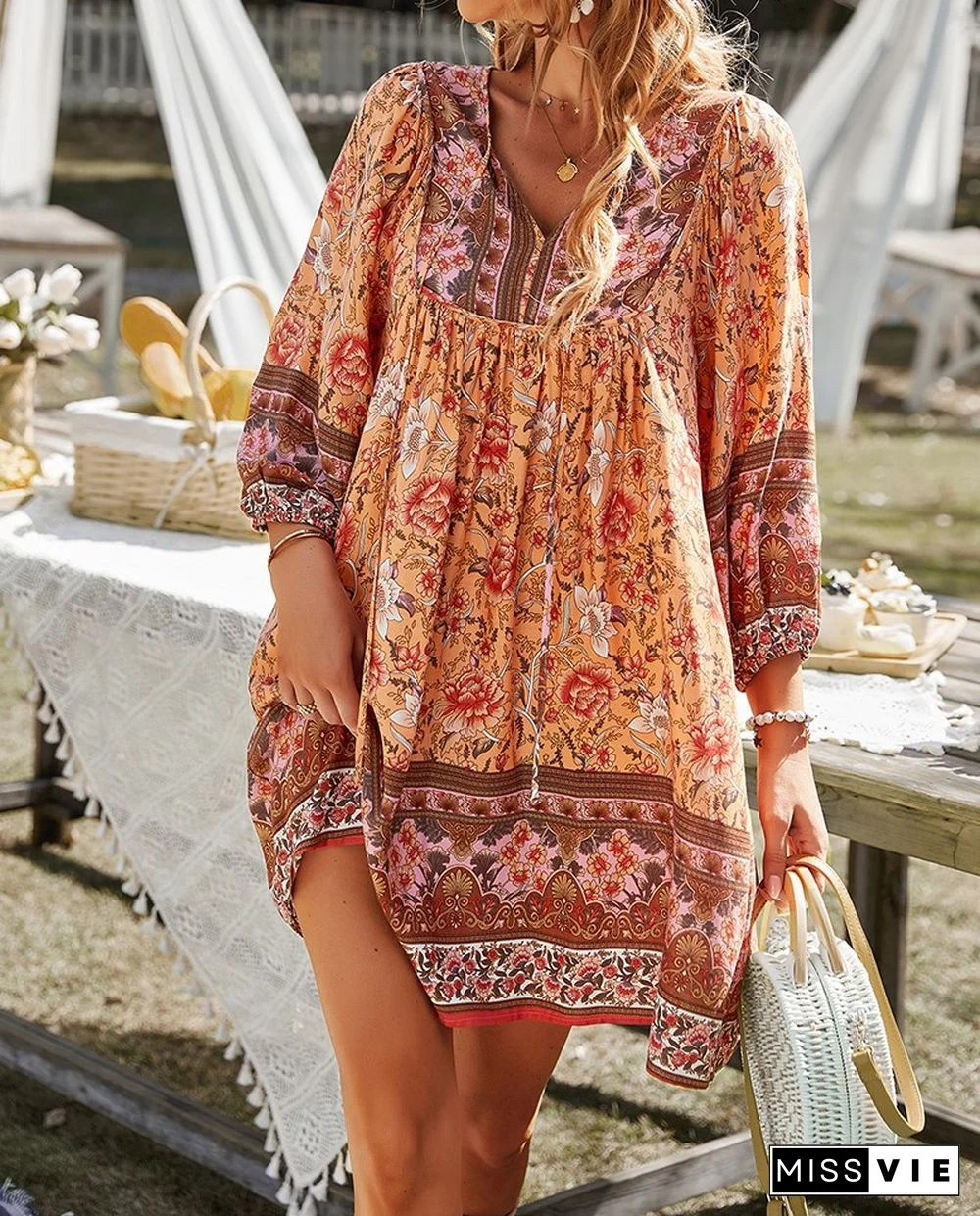Woman Chiffon Floral-Print Half Sleeve V Neck Elegant Dress