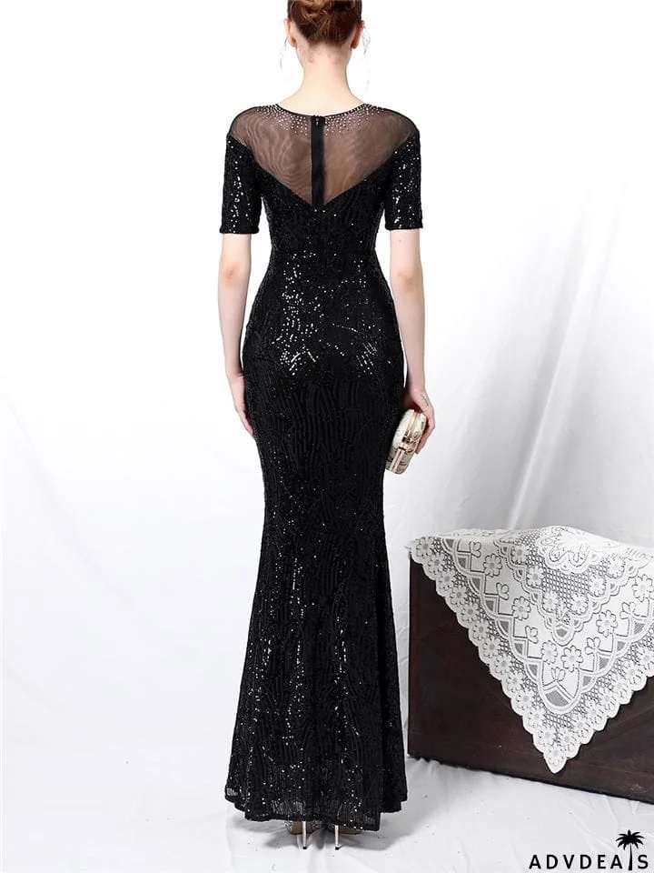 Shimmering Sequined Illusion Neck Mermaid Dress for Evening Party