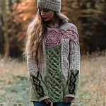 Women's Vintage Floral Cable Knit Pattern Long-sleeved Sweater - Image 2