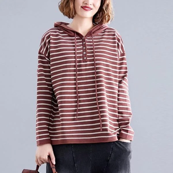 2020 Simple Style Striped Loose Comfortable Female Long Sleeve Hooded Sweatshirt