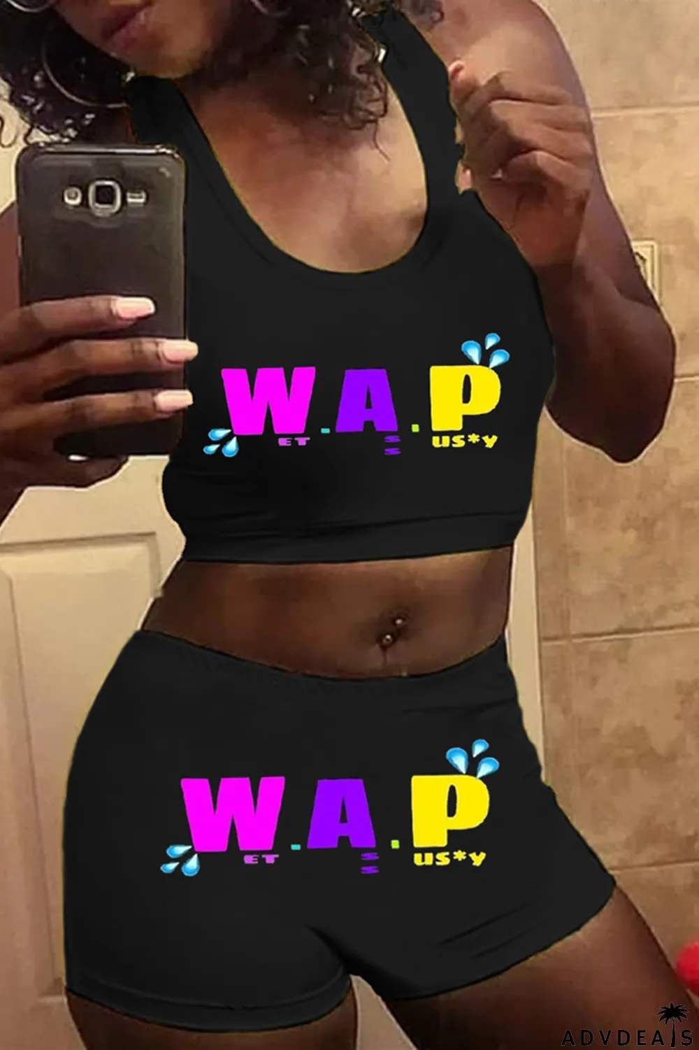 Pink Casual Sportswear Sleeveless U Neck Tank Short Print Two Pieces