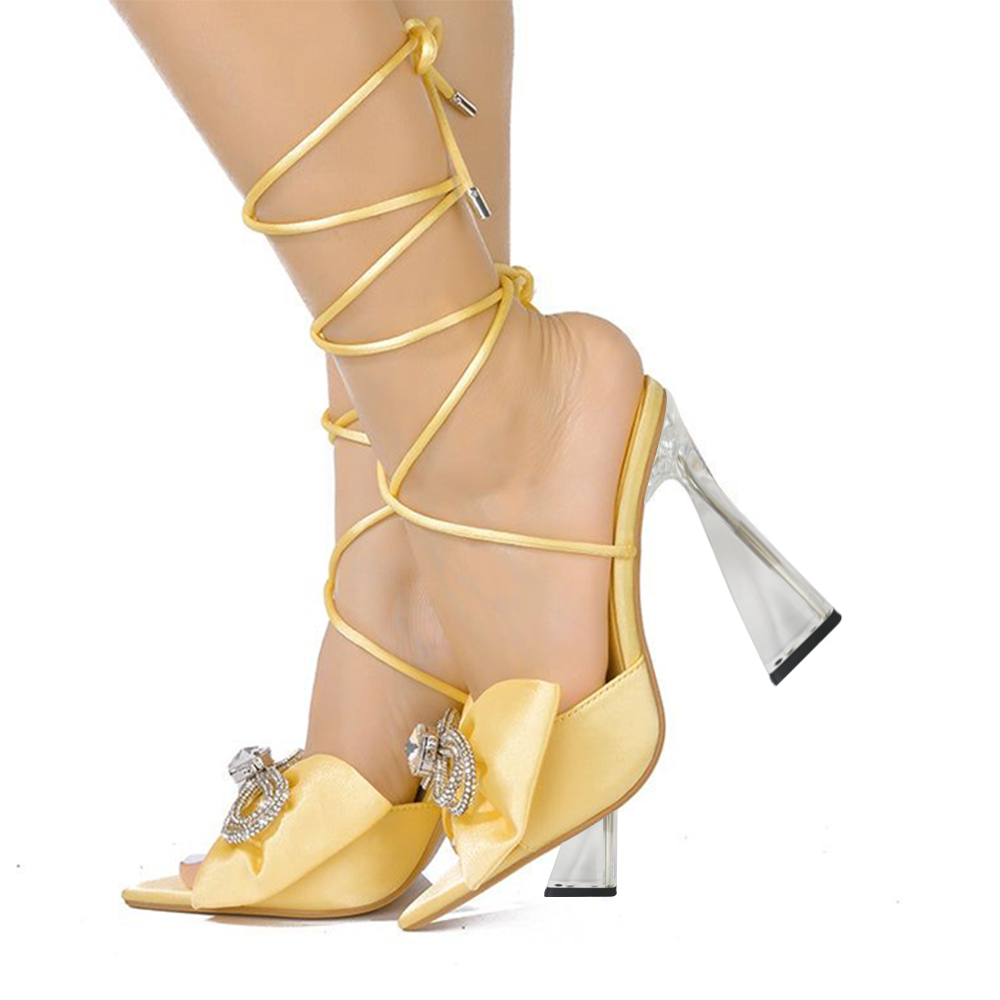 Gold Satin Pointed Toe 4'' Decorative Heel Lace Up Sandals with Bow Nicepairs