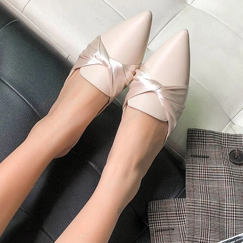 Women Slippers Fashion Mules French Elegant Bowknot Design 2021 Low Heel Slip on Leisure Ladies Office Shoes Beige External Wear