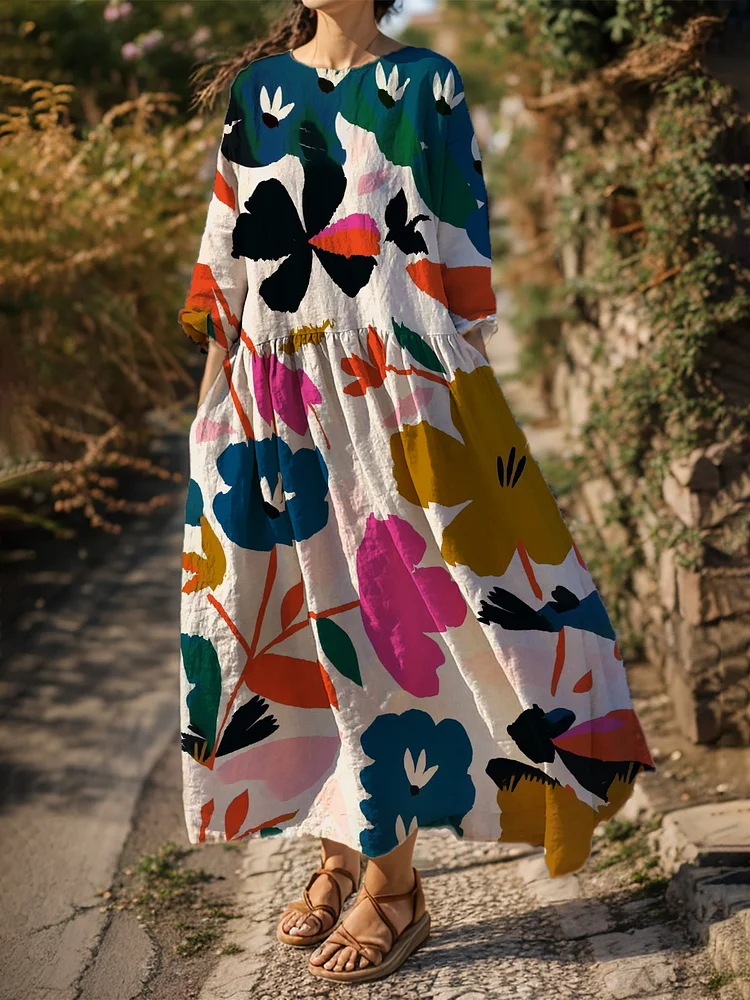 Women's Watercolor Floral Print Long Sleeve Casual Dress socialshop
