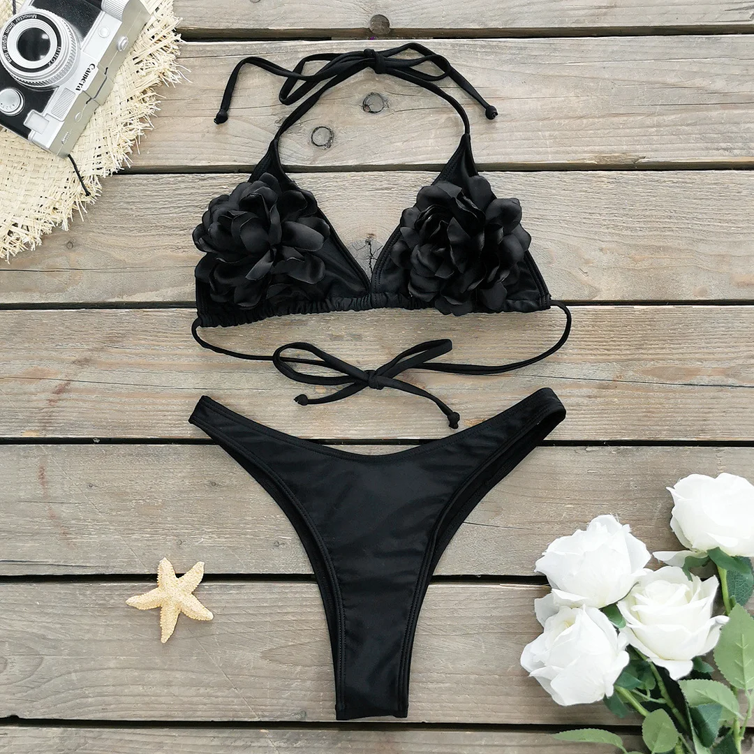 Uveng Three-Point Microbikini New Three-Dimensional Flower Split Swimsuit Woman 2025 Strap Solid Color Bikini