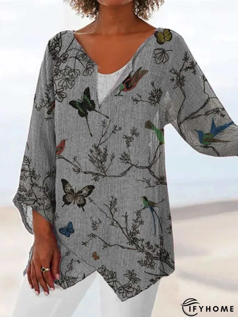 Casual Floral Bird Butterfly V Neck Printed Top | IFYHOME